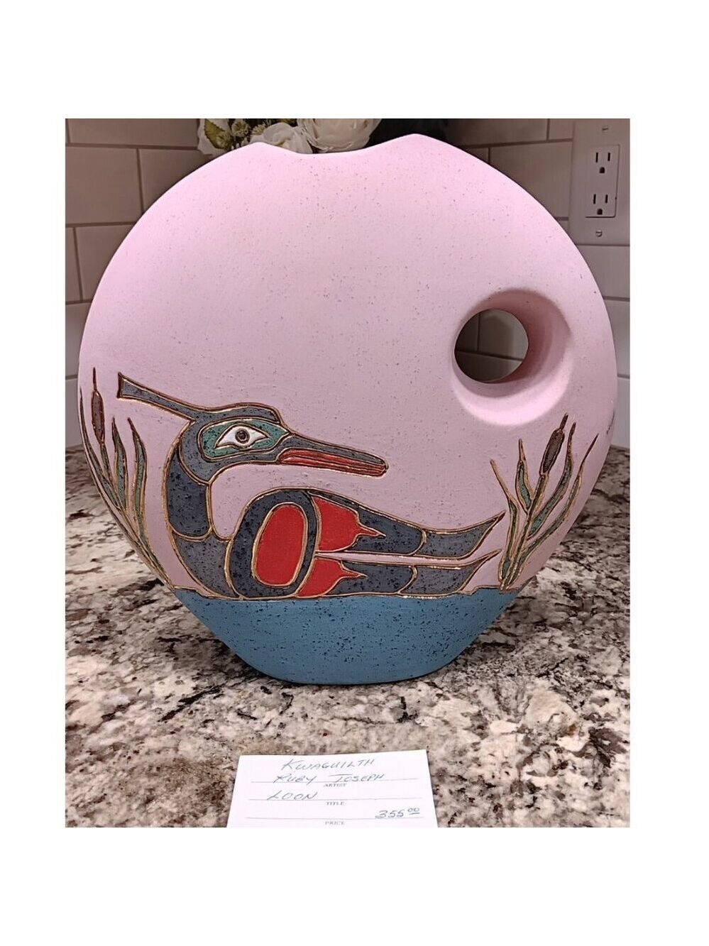 Northwest Coast Ceramic Art Vase Loon Image signed Ruby Joseph Canada Aboriginal
